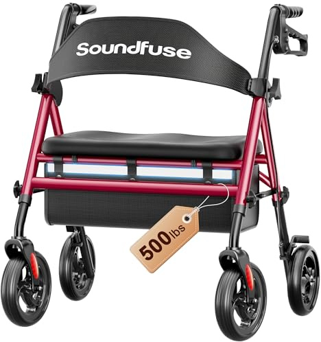 SOUNDFUSE Bariatric Walker for Seniors with Extra Wide Seat, 500lb Heavy Duty Rollator Walker, Handle & Seat Height Adjustable, Foldable Rolling Walkers with 8 All-Terrain Wheels
