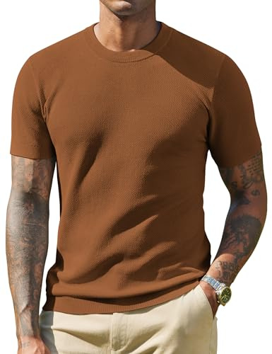 COOFANDY Camiseta de Punto para Hombre Manga Corta Básica de Verano Cuello Redondo Marrón L