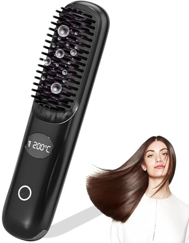 Kabellose Haarglätter Bürste - 3 Temperaturstufen, professionelle Keramikbeschichtung, Ionentechnologie - 160°C-200°C - Multifunktionale Stylingbürste für glattes Haar, perfekte Locken (Schwarz)