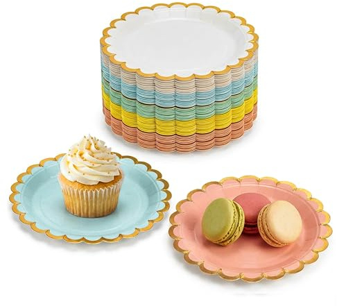 EiPibaibyi 7 Gold Rim Pastel Scalloped Colorful Small Paper Party Plates | dessert plates | birthday plates | cake plates | sweet 16 plates | appetizer plates disposable | tea party plates | 50 pack