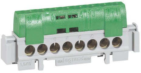 Legrand LEG04832 - Morsettiera di distribuzione a terra IP 2x, 8 connessioni, 1,5-16 mm, 75 mm, colore: Verde