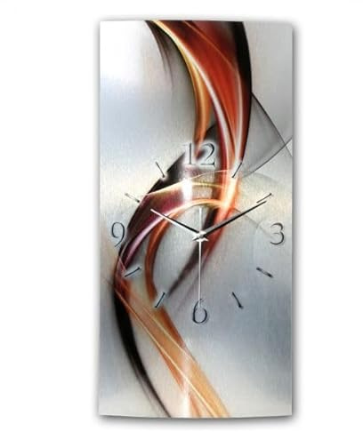Kreative Feder „Abstrakt“ - Designer-Wanduhr aus gebürstetem Aluminium in Zwei Größen mit leisem Uhrwerk (Abstrakt orange-rot, Funkuhr 50x25cm)