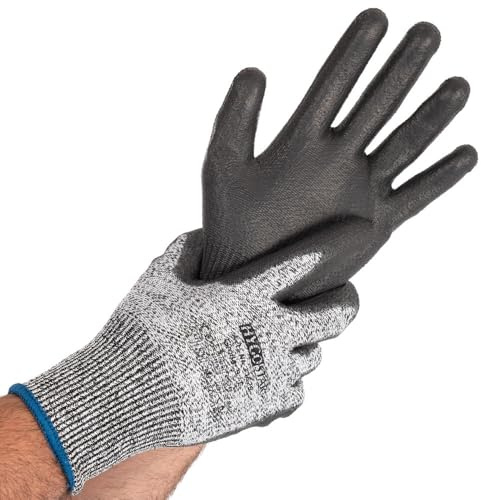 FRANZ MENSCH 200 Stück, Schutzhandschuhe, 10/XL, grau/schwarz, PU, Level D | Cut Safe, 100 Paar, PU-Beschichtung, schnittfeste Handschuhe, Schnittschutzlevel D, cut resistant gloves, Handwerk, Industrie