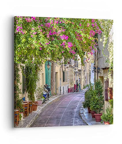 Bilder auf Leinwand 40x40cm Leinwandbild Straße dekoration blumen griechenland Klein Wanddeko Bild Schlafzimmer Deko Wandbilder Dekoration Wohnzimmer Wall Decor Canvas Wand Kunstdruck Art AC40x40-2429