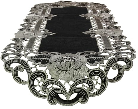 Grau breiter Tischband Tischläufer Leinen-Optik Blumen Stickerei (ca. 40x110 cm Oval)