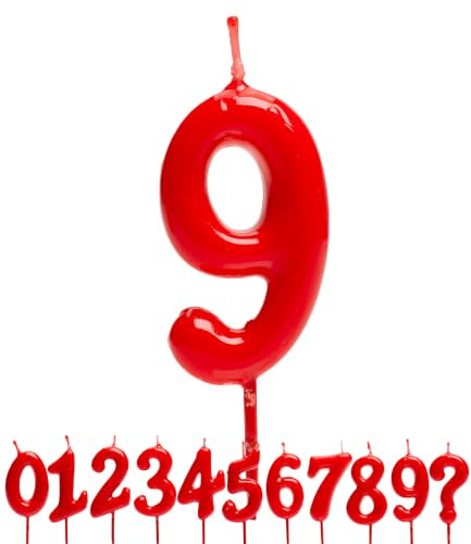 Dekora - vela de cumpleaños numero 9. | Vela numérica roja para decorar tartas, pasteles y postres en cumpleaños y celebraciones.