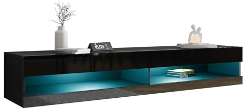 Mirjan24 TV Lowboard Vigo New 180 cm, TV Tische, TV Schrank, Fernsehschrank, Hängeschrank, Hochglanz (mit Blauer LED Beleuchtung, Schwarz/Schwarz Hochglanz)