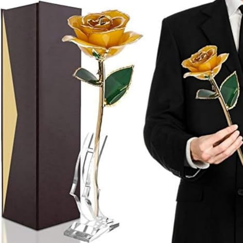 24K Gold Rose with Clear Display Stand, Long Stem Dipped Flower Gift for Her Made of Fresh Rose, Last Forever Mother's/Thanksgiving/Christmas/Valentine's/Birthdays Party/Graduations/Weddings (Yellow)
