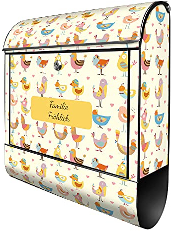 banjado Design Briefkasten personalisiert Lustige Vögel 38,5x46,5x13cm & 2 Schlüssel - Briefkasten Stahl schwarz Zeitungsfach pulverbeschichtet - Postkasten A4 Einwurf inkl. Montagematerial