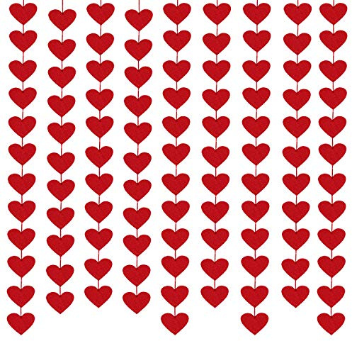 100 Hearts Felt Valentines Garland Valentines Day Decorations 4 Pack (Each 10ft) Heart Hanging String Garland Galentines Day Wedding Anniversary Birthday Home Decor Windows Background Party Supplies