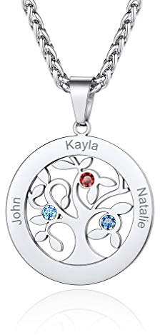 Custom4U Edelstahl/S925 Silber Lebensbaum Namen Halskette mit 2-7 Namen und Geburtsstein，Namenskette Stammbaum zu Gravur Familienkette Mit Geburtsstein Familienbaum Halskette Halskette