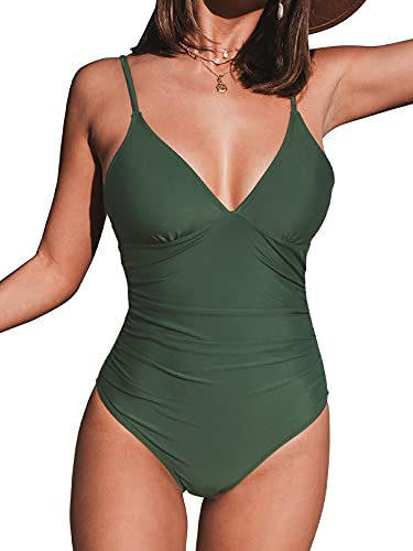 CUPSHE Damen Badeanzug Triangel V Ausschnitt Bauchweg Raffungen Einteilige | Verstellbare Spaghetti-Träger, weiche, abnehmbare Körbchen, bescheidener Badeanzug für Urlaub und Strand, Poolseite