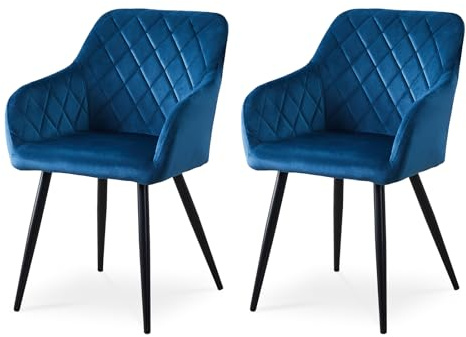 CLIPOP Esszimmerstühle 2er Set, Küchenstühle Blau Samtstoff Wohnzimmerstühle Polsterstühle mit Armlehne Metallbeine Polstersessel Stühle für Esszimmer Wohnzimmer Küche (2, Samt Blau)
