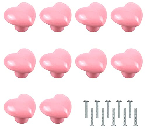 YiliYa 10 Pièces Boutons de Porte,Poignée en Forme de Coeur Boutons de Meuble Boutons de Céramique Rose pour Armoire Placard Chambre d'enfant