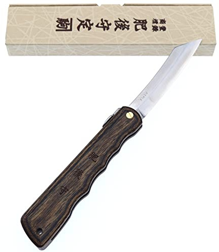 HIGO NO KAMI Couteau de Poche Pliant Artisanal Japonais Warikomi Lame Acier Inoxydable VG-10 Manche Bois Stratifié Couteau Estampillé Fait Main au Japon par Nagao Kanekoma HRC 61 (Marron)