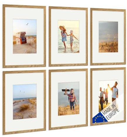 PHOTOLINI Bilderrahmen Holz A4 21x30 Eiche mit Passepartout, Holzbilderrahmen DIN A4 Made in EU, 6er Set, bruchsicheres Acrylglas, zum Aufhängen, extra Zubehör - für Ihre liebsten Fotos & Bilder