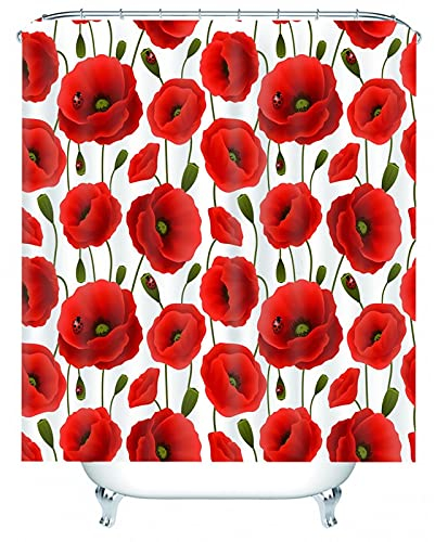 Banemi Duschvorhang Breit, Shower Curtain Extra Long Rot Mohnblume Polyestergewebe 165X200cm für Eck Dusche mit 12 Duschvorhangringen