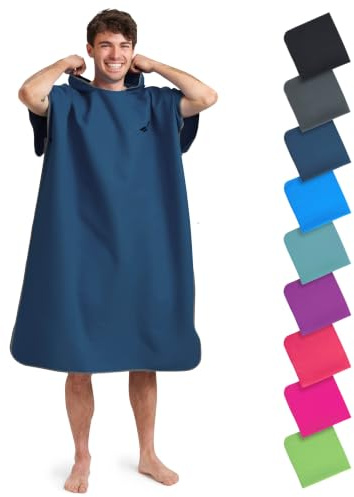 Fit-Flip Poncho de Plage Microfibre pour se Changer – Serviette Cabine pour Piscine Adulte et la Natation – de Bain Femme et Homme, Le Surf et la Plage – Taille: M, Bleu Marine - Gris