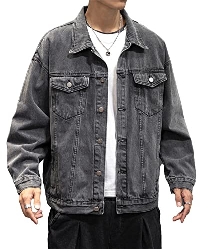RGVV Mens Denim Jackets, Trucker Jacket Jeans Lightweight Casual Jacket Dark Grey Transitional Jacket Button Down Lapel Coat Slim Fit Stretch Denim Jacket Biker Classic Cargo Jacket For Men,L