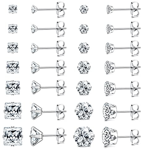 Dochais 14 Paires Boucles d'Oreilles Argent pour Homme Femme Zirconium Boucles d'Oreilles en Acier Chirurgical Hypoallergénique Petites Grand Ronds Carrés Diamant Boucle d'Oreille Brillante 3-9mm