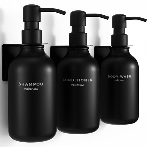 Shampoo and Conditioner Dispenser Wall Mounted Set of 3 Black - No Drill Shower Soap Dispenser for Bathroom Refillable - Spa Hotel Style Accessories by MaisoNovo