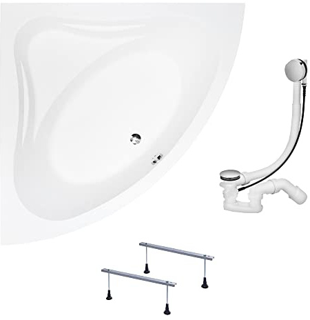 KOLMAN Badewanne MIA Eckbadewanne 130x130 ohne Verkleidung, Ablaufgarnitur und Füßen Komplettset 3in1 Premium Original Acryl Wanne Siphon