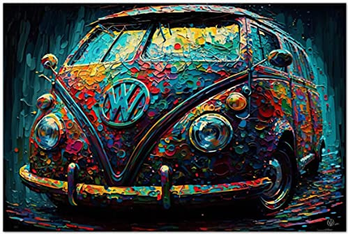 Printonia Leinwand-bild 120x80cm Volkswagen VW-Bus Bulli T1 Transporter Buli Oldtimer Abstrakt Grafik Art Automobil Bilder Deko Dekoration Wandbild Kunstdruck