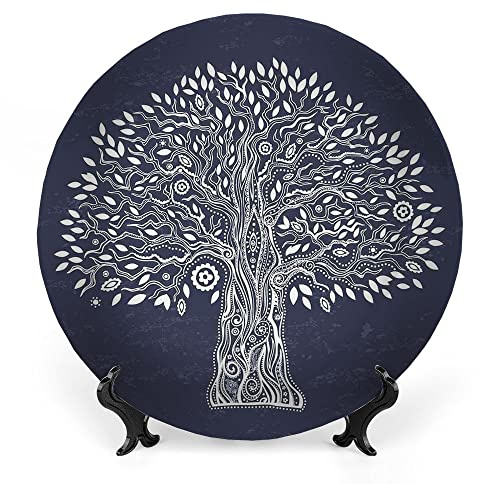 LIGUTARS Decorative Plates, Tree of Life Print Ornament, Unique Tree Pure and Noble in Majestic Mother, 10 Inch, Kitchen Wall Decor, Dark Blue White