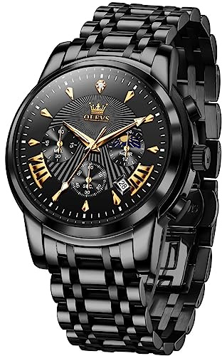 OLEVS Watch Men Black Watches for Men Chronograph Stainless Steel Mens Watches Big Face Classic Luxury Men's Wrist Watch with Date Luminous Waterproof Dress Analog Quartz Relojes para Hombres