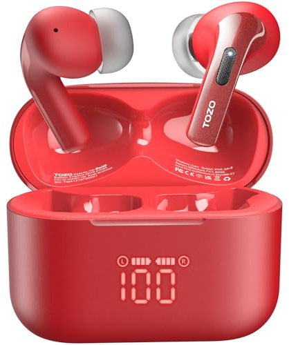 TOZO T20 Wireless Earbuds, Bluetooth Earphones 48.5 Hrs Playtime with LED Digital Display, IPX8 Waterproof, Dual Mic Call Noise Cancelling, 10mm Broad Range Speakers (Red)