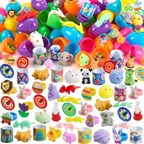 JOYIN 2.2' 60 PCS Prefilled Pastel Eggs with Assorted Toys, Stuffed Toys for Easter Egg Hunt, Kids Basket Stuffer Filler, Party Favor Decoration Supply, Classroom Prize, Easter Toys Bulk