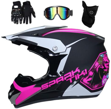 Intégral Casque Motocross Ensemble, avec Lunettes Gants Masque, Jeunesse Enfant Hors Route Moto Karting Scooter Casque, Descente MTB VTT BMX Enduro Quad Vélo de Saleté Accident Casque ( Color : Rose R