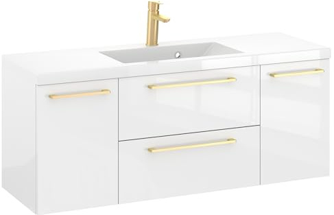 Furni Rosen 120 cm Hängend Waschbecken mit Unterschrank und Eleganten Goldenen Griffen Waschbeckenunterschrank Badezimmer Waschtisch mit Unterschrank Waschtischunterschrank