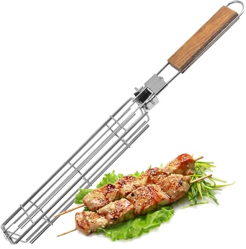 Joyeee Cestello per Barbecue, Pieghevole BBQ Cestello per Griglia in Acciaio Inossidabile con Manico in Legno Rimovibile per Verdure Gamberetti Salsiccia, Graticola per BBQ Portable per Camping Picnic