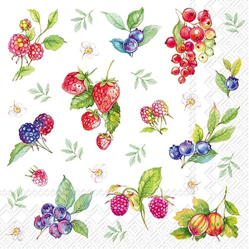 20 Servietten Essen & Trinken Leckere Beeren mit Blätter als Tischdeko. Papierservietten mit Motiv. Auch für Decoupage und Serviettentechnik 33x33cm