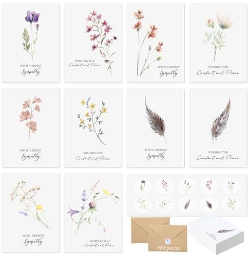 Saypacck 100 Sets Bulk Sympathy Cards with Envelopes and Stickers Condolences Bereavement Greeting Cards to Express Your Condolences(Flower)