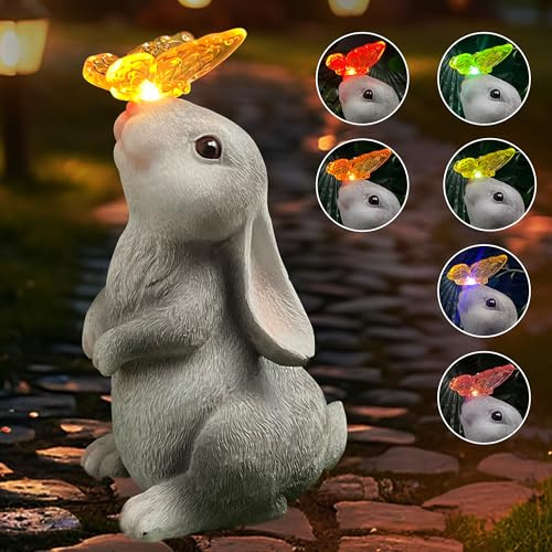 Okayera Solarbetriebene 7-Farben Hase mit Schmetterling Garten Deko, Einzigartige Außendekoration für Terrasse, Rasen & Hof, Einzug Geburtstag Muttertag für Frauen und Mütter