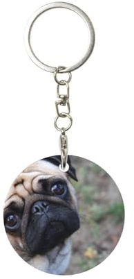 EgoMed Runder Metall-Schlüsselanhänger, Metall-Schlüsselanhänger, Autoschlüsselanhänger, Ringhalter, 1 Stück, Mops Hund gedruckt
