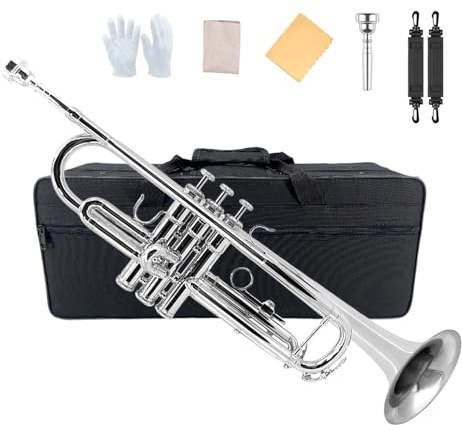 Yinfente Bb Standard Trumpet Set for Beginner or Advance Student, Brass Student Trumpet Instrument With Hard Case, 7C Mouthpiece, Cleaning Kit,White Gloves Silver
