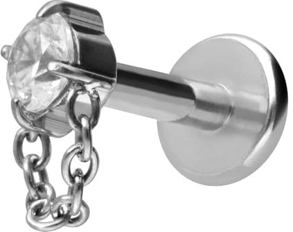 PIERCINGLINE Titan Labret mit Gewinde KRISTALL + KETTE Piercing Ohr Nase Silberfarben 1,2 x 10 mm