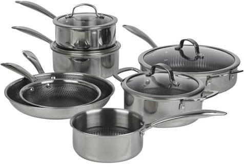 HEXTEC Batterie de cuisine, poêles et poêles en acier inoxydable anti-adhésif gravé au laser - Passe au four et au lave-vaisselle avec poignées « Stay Cool » - Sans PFOA - Lot de 5/6/7/8 pièces