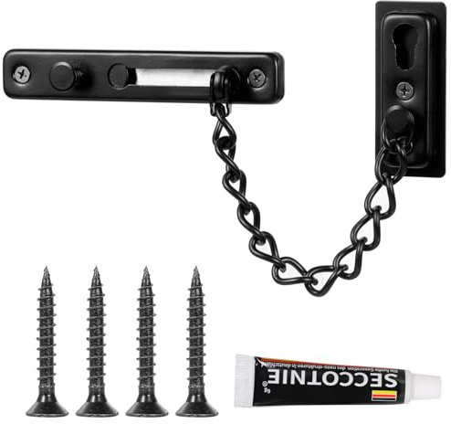 Door Chain Stainless Steel Door Security Chain with Screws and Nail Glue with Spring Anti-Theft Snap Lock for Home, Apartment, Hotels（1 Pack, Black）