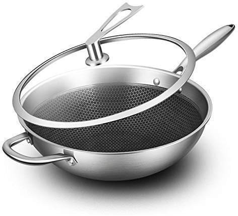 Olla para cocinar, sartén, Wok Acero Inoxidable, con Tapa, sartén Antiadherente, sin Aceite, Humo, Fondo Plano, Cocina inducción, Cocina a Gas, Olla inducción, Hierro Fundido, 32 cm