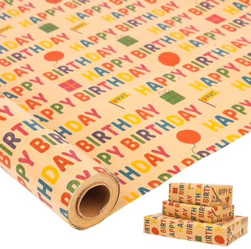 HBell Birthday Wrapping Paper Roll,43cm*10m Birthday Gift Wrapping Paper | Colorful Kraft Gift Wrap Paper for Birthday,Party,Baby Shower,Christmas,Festive Decorations