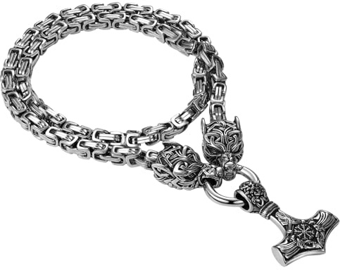 Cupimatch Wikinger Thors Hammer Halskette: Norweger Wolfskopf Thors Hammer Anhänger mit Byzantinische Kette Heavy Chunky Edelstahl Wikinger-Halskette Retro Punk Amulett-Schmuck für Herren