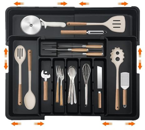 hssopa Besteckkasten,Schubladen Organizer,Besteckkasten für Schubladen,Küchen Organizer,Verstellbarer Besteckkastens Erweiterbar auf 56 cm Breite (schwarz, messerblock)