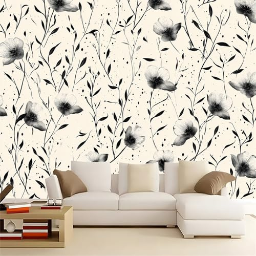 Fotomurales 250 x 175 cm Murales moderna de Arte botánico pintado a mano con flores silvestres Papel pintado tejido no tejido Decoración de Pared decorativos Murales moderna Disen gris