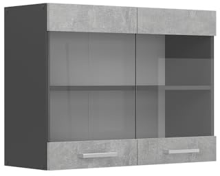 Vicco Küchenglasschrank R-Line, Beton, 80 cm | 2 Türen · 1 Einlegeboden · Tiefe – 31 cm · ✓ Frei kombinierbar · ✓ Alles im Blick