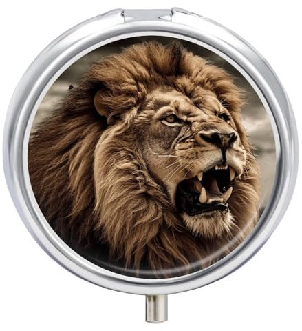 Pillendose mit wütendem Löwen-Design, 3 Fächer, täglicher Tablettenbehälter, kleiner Pillenbehälter, runder Pillenhalter, Reise-Pillendose, Metall, Pillendose für Geldbörse, Tasche