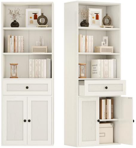 Coleshome 5-Tier Bookcase with Doors and Cabinet, Bookshelf Floor Standing Display Storage Shelf, Tall Bookcase with drawers for Home, Office, Living Room, Bedroom, White, 48 x 24 x 164.2